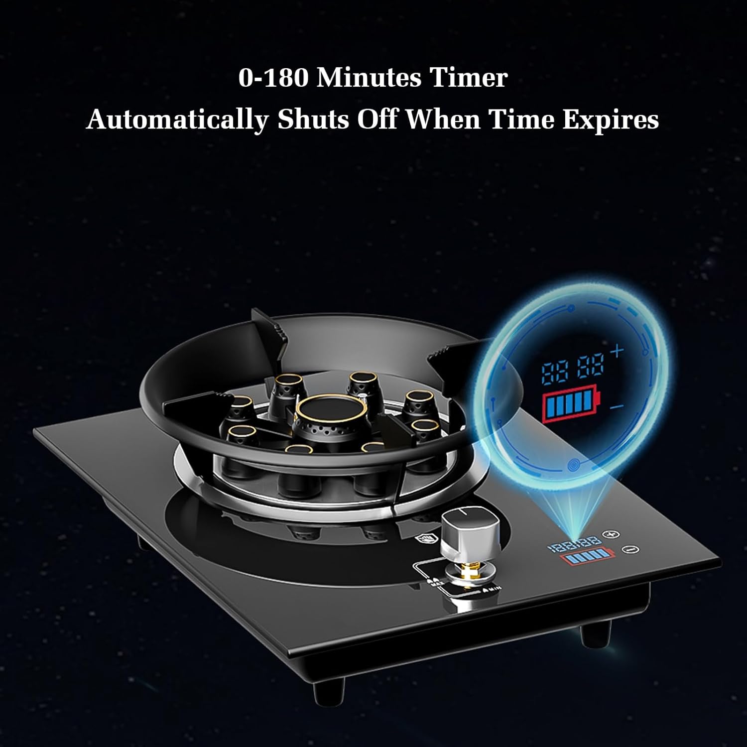 Portable Gas Stove,5.2KW 9 Chamber Fire Ring Wok Burner,Tempered Glass Cast Iron Pot Rack,with Flameout Protection and Timer,NG/LPG Conversion(LPG)
