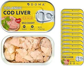DOMA Wild-Caught Icelandic Cod Liver in Own Oil | 110% DV Vitamin D, Omega-3 DHA EPA | Ready-to-Eat 12-Pack 51oz