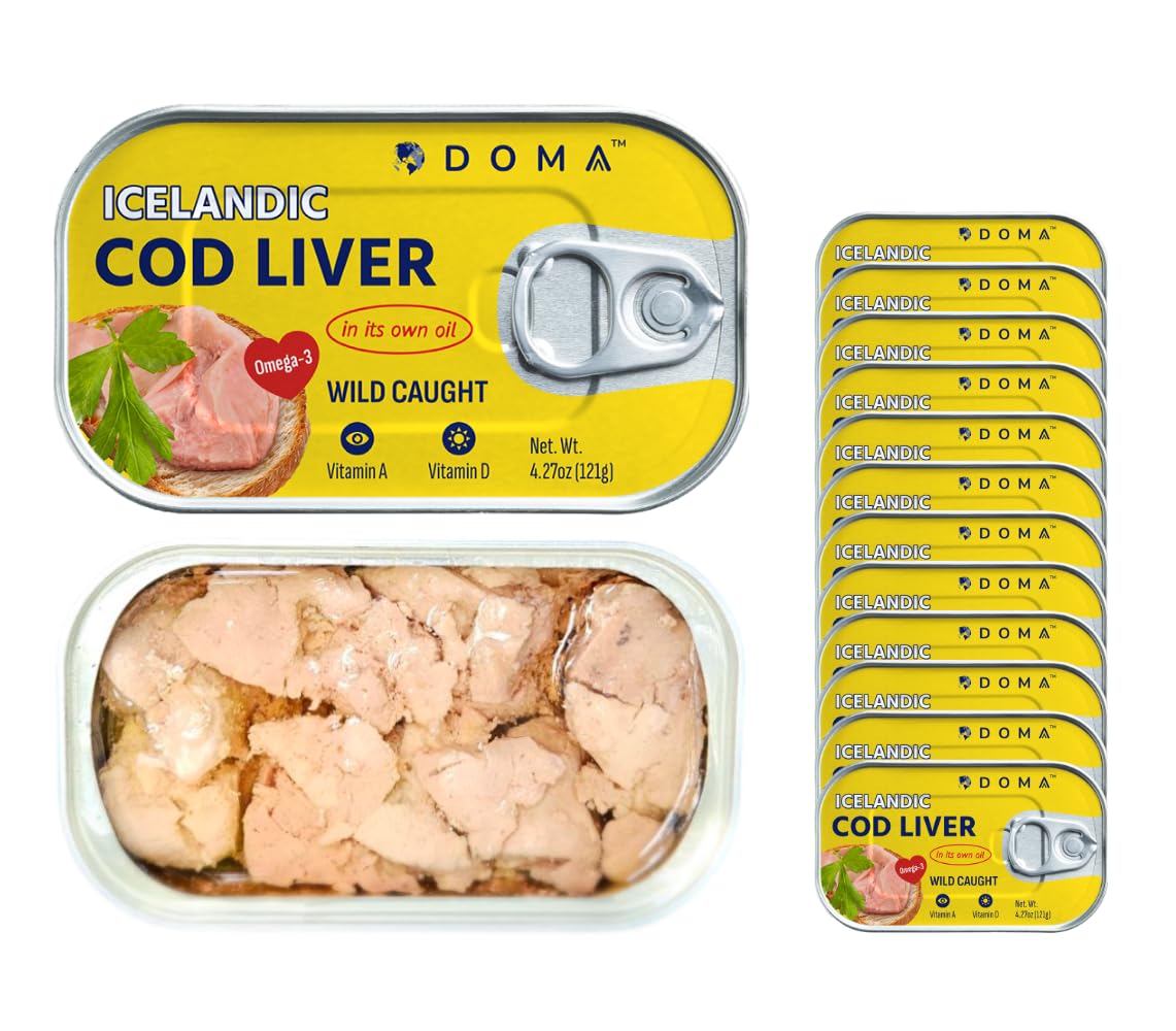 DOMA Icelandic Cod Liver, Selected Whole Pieces in Its Own Oil, Wild-Caught, 110% DV Vitamin D per Serving, Omega-3 (DHA & EPA), Ready to Eat, 12 x 4.27oz (121g), Total 51.2oz / 24 Servings, Pack of 12