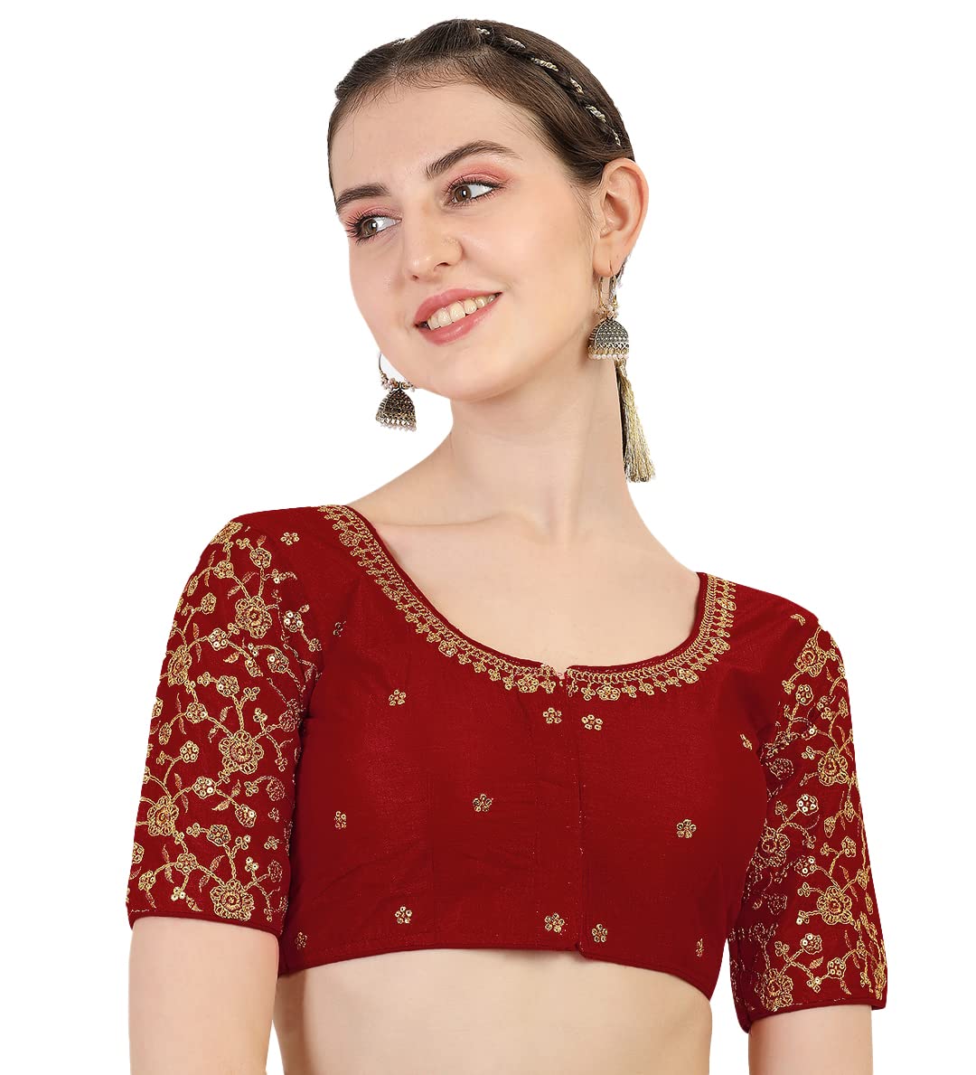 Pujia Mills Women's Embroidery Handwork & Thread Work Flower Design Readymade Blouse - Silk, Half Sleeve, Maroon