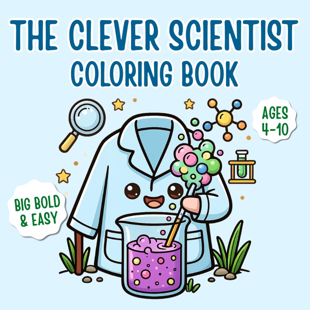 The Clever Scientist Coloring Book: Big and Bold Easy Science Activity Book for Kids and Toddlers Ages 4-10