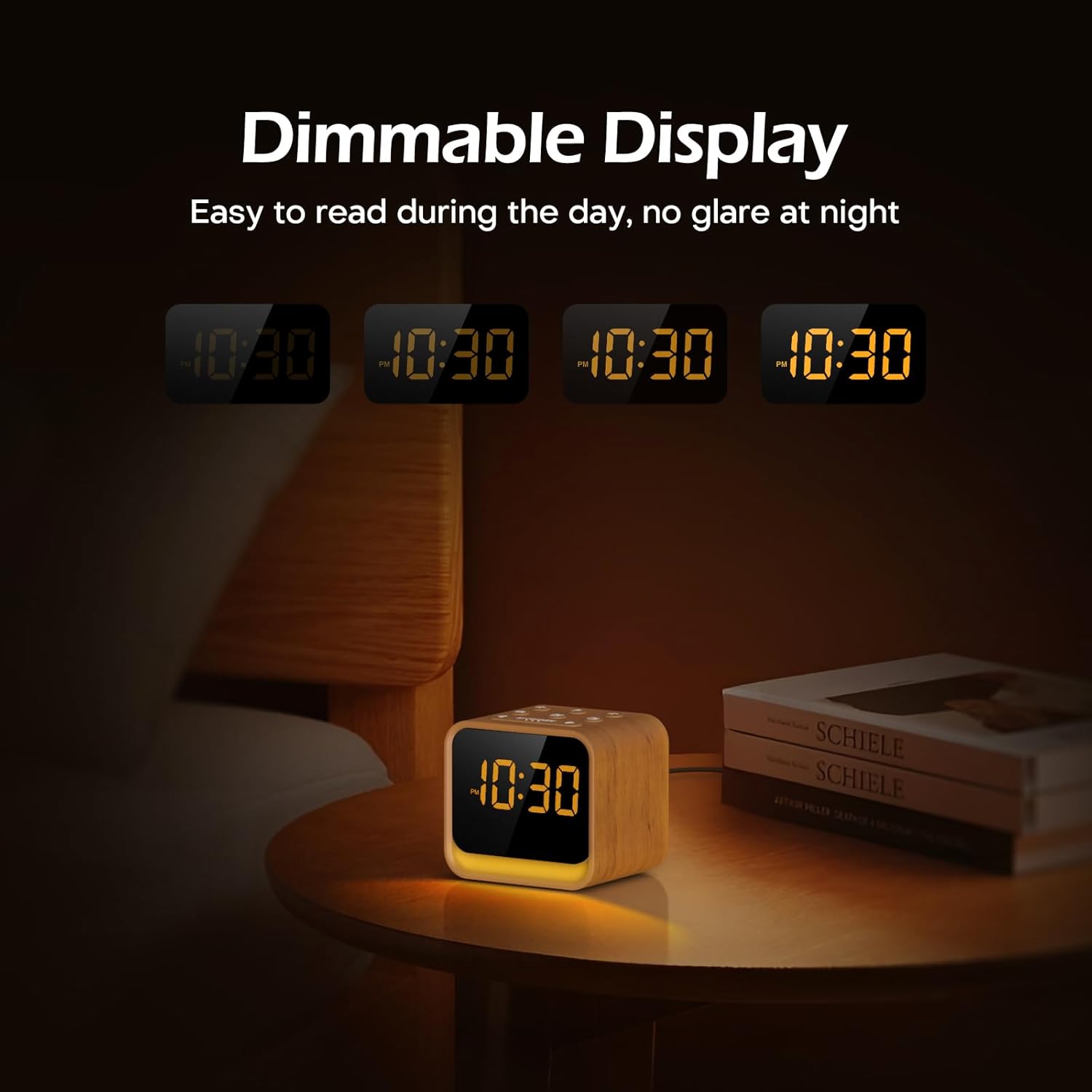 REACHER Digital Alarm Clock Radio demonstrating its dimmable display feature, showing various brightness levels of the time display.