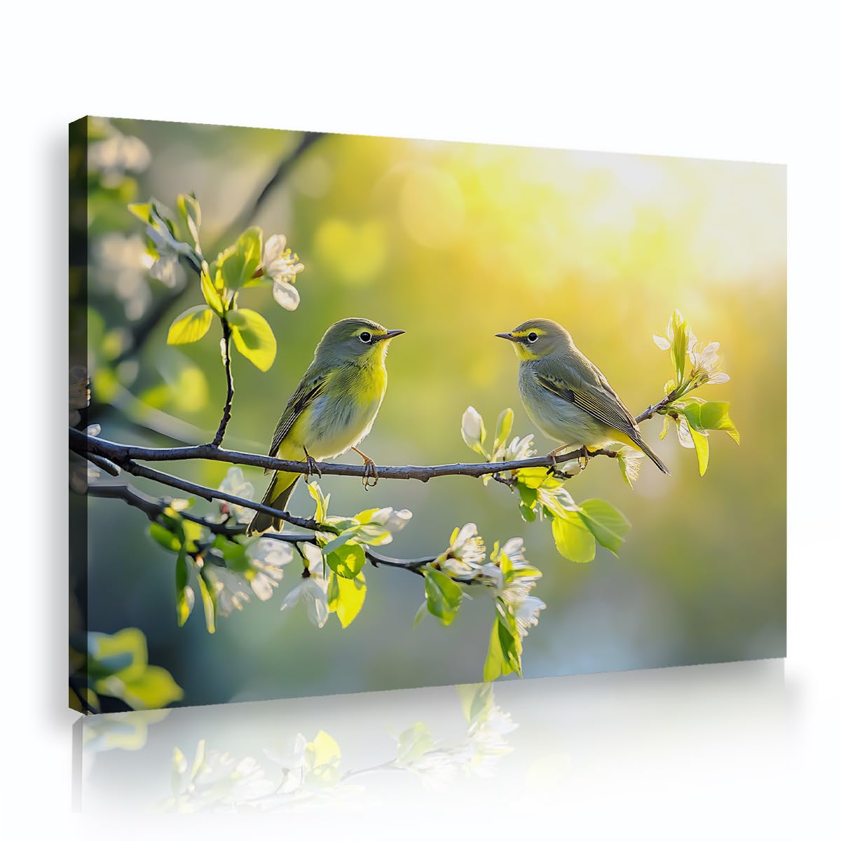 TOANGWALL Two Yellow Birds Framed Artwork Green Tree Branch Blossom Canvas Wall Art Spring Wildlife Poster Prints Nature Picture Painting for Office Lounge Hotel Decor 75x115cm