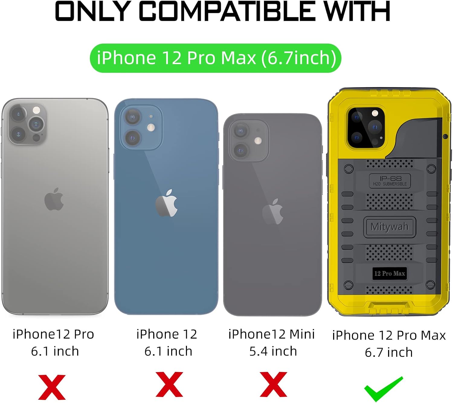 Mitywah Waterproof Case for iPhone 12 Pro Max, Heavy Duty Military Grade Armor Metal Case, Full Body Protective Rugged Shockproof Thick Dustproof Strong Case for iPhone 12 Pro Max 6.7’’, Yellow