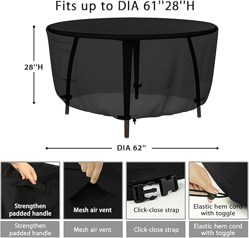 Miniatura 10 de Fundas para muebles de patio, funda redonda resistente para mesa de patio (48 pulgadas de profundidad x 26 pulgadas de alto), cubierta de mesa Negro