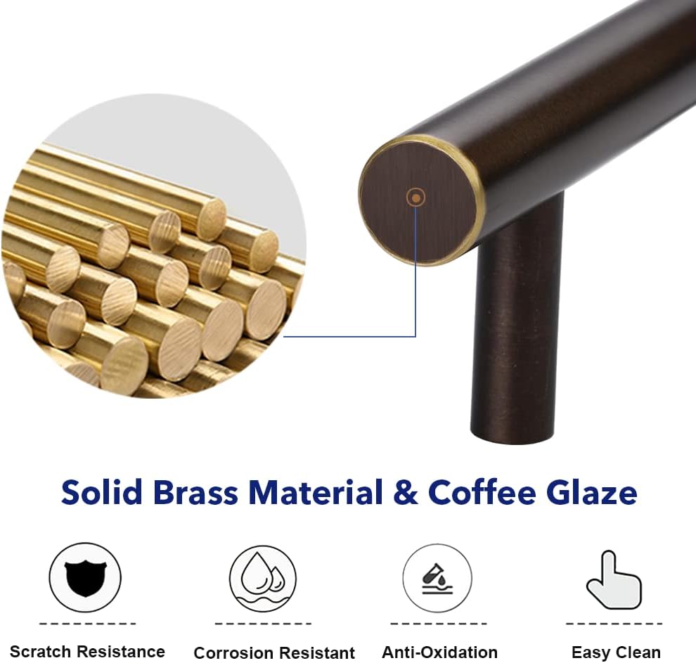 LAIGOO 5 Pack Solid Brass Cabinet Pulls Coffee, 3 Inch Hole Centers, 4.92 Inch Length, Modern Drawer Pulls Kitchen Cabinet Hardware Cupboard Handles