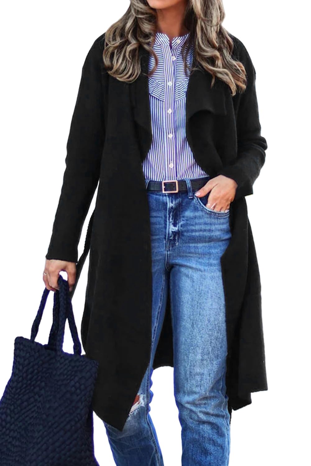 Angerella Womens Casual Long Sleeve Draped Open Front Knit Long Cardigan Sweater Outwear Coats with Pocket