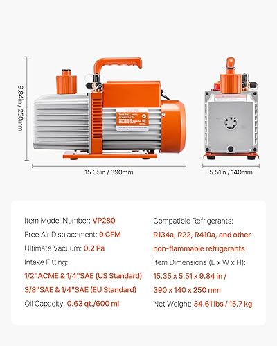 Miniatura 7 de VEVOR Bomba de vacío, 9 CFM, bomba de vacío de paletas rotativas HVAC de 2 etapas, para sistemas R134a R22 R410a, kit de bomba de vacío de CA