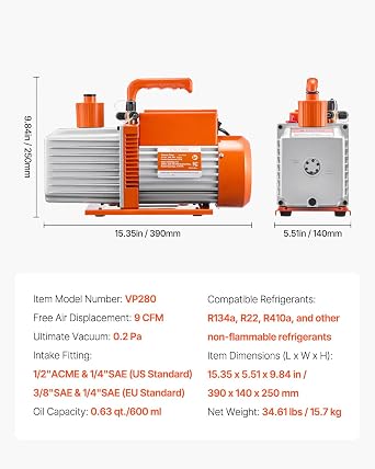 VEVOR Vacuum Pump 9 CFM HVAC 2 Stage Rotary Vane Vacuum Pump for R134a R22 R410a Systems Car AC Vacuum Pump Kit with Oil Bottle for Resin Gassing for Car Air Conditioner Maintenance