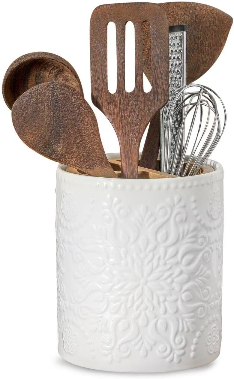 7" Relief Utensil Holder, Large Kitchen Utensil Holder Organizer , White Stable Utensil Crock Spatula Holder for Kitchen Counter Countertop Farmhouse Cooking Tools Holder with Bamboo Frame