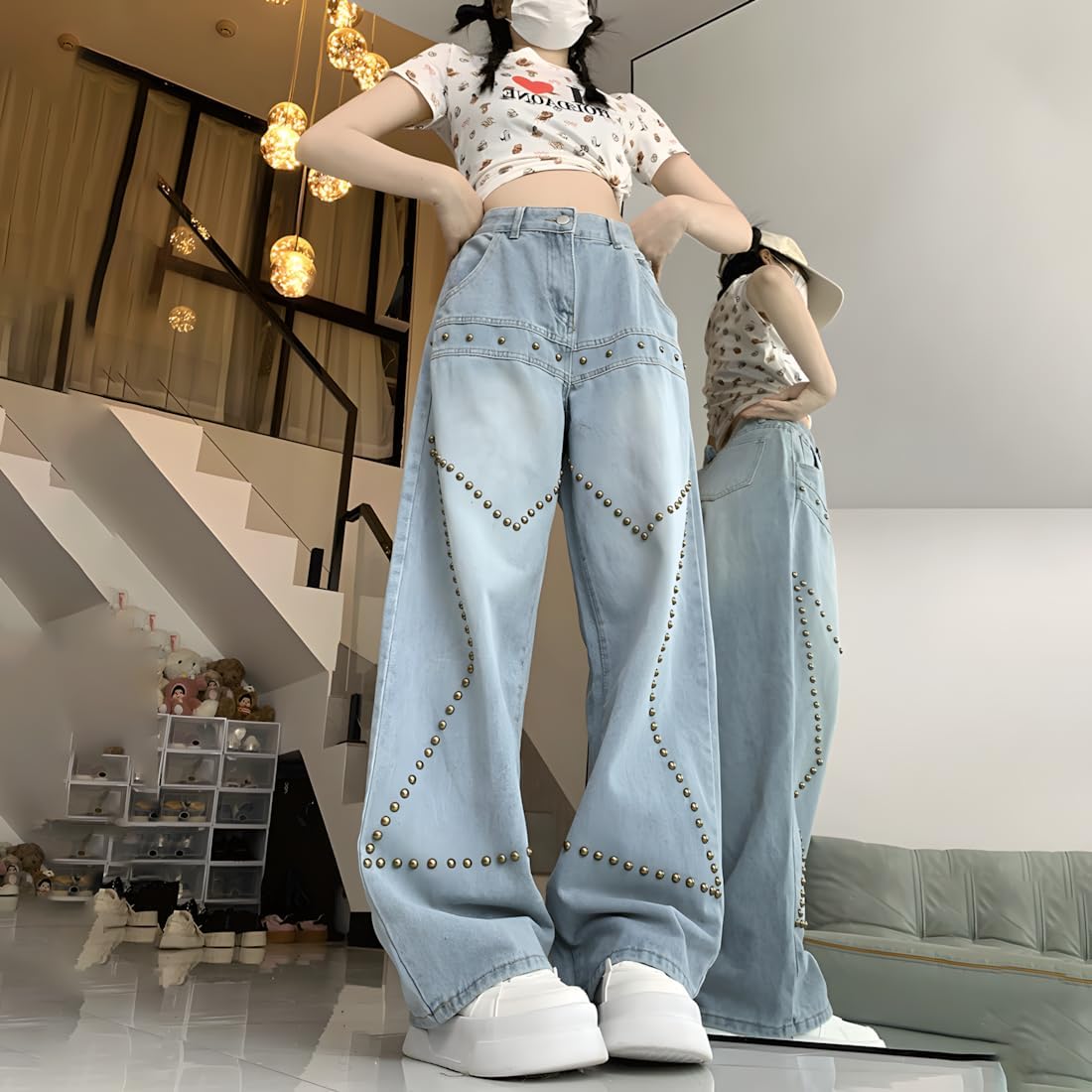 Y2K Gothic Grunge Casual Style High Waist Straight Vintage Star Rivets Decor Wide Leg Jeans - Image 5