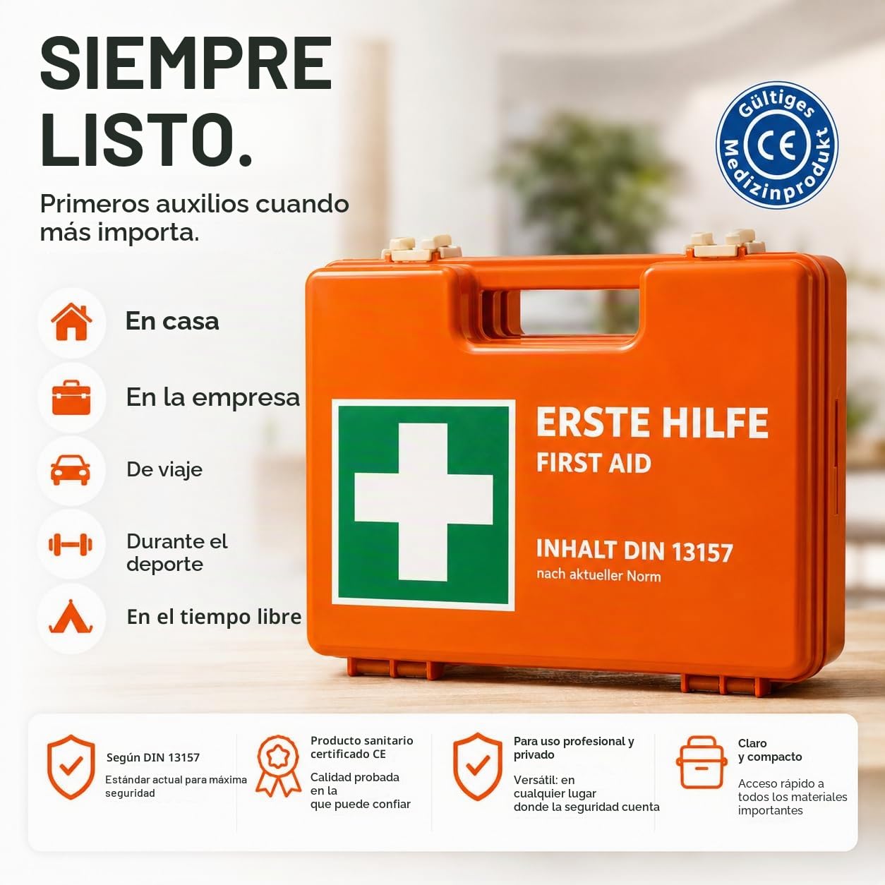 Botiquín de primeros auxilios - Caja DIN 13157 para pared, hogar y empresa - y 5 pegatinas - botiquín de primeros auxilios naranja - incl. montaje en pared