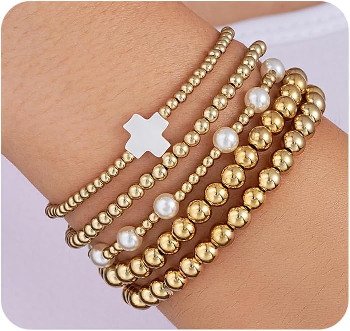 Stack Beaded Bracelets for Women,Gold Stackable Bead Stretch Bracelets Unique Pearl Cross Bracelet Set,Trendy Preppy Jewelry Accessories Gifts