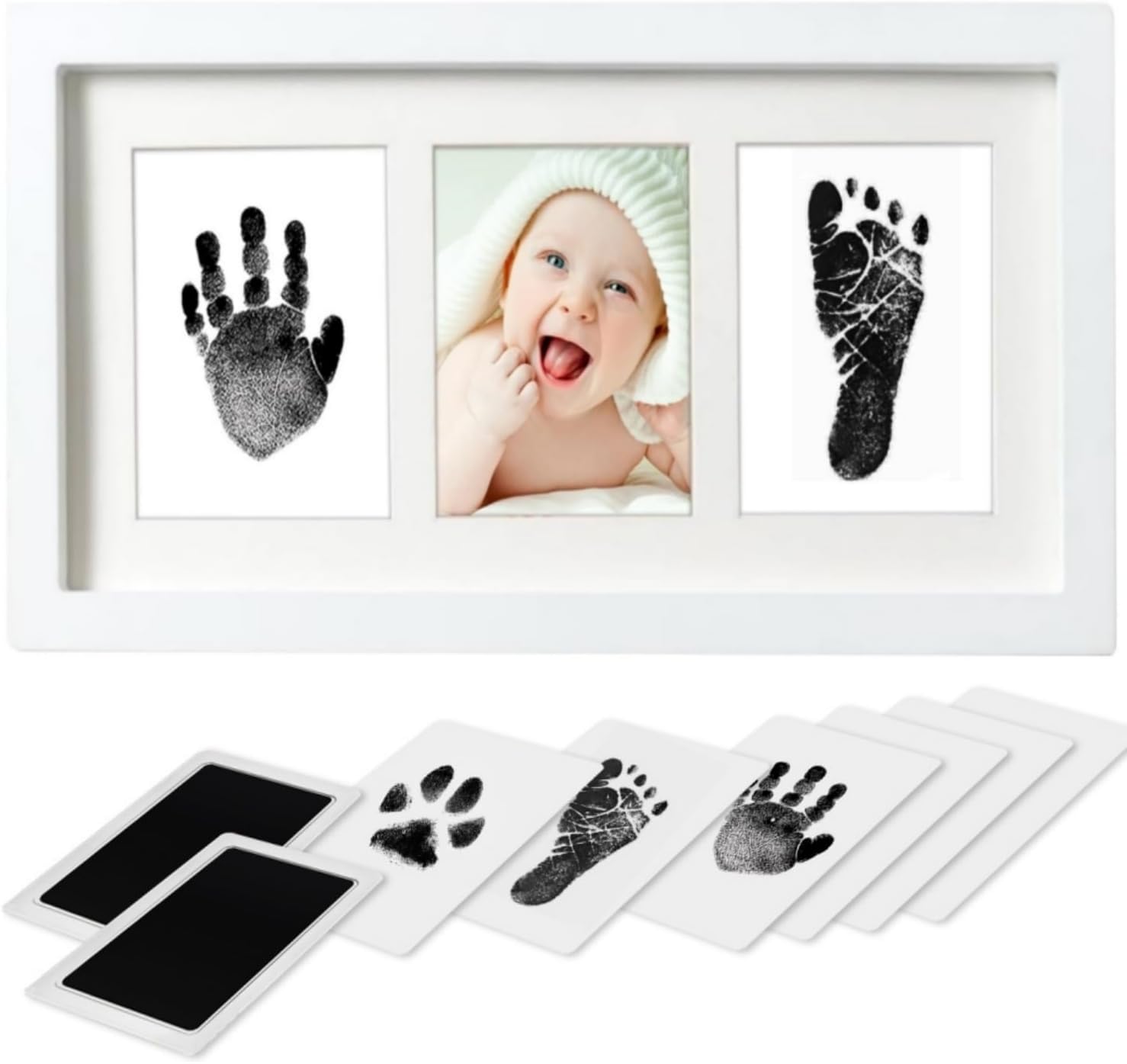 PewinGo Baby Hand and Footprint Kit,Inkless Baby Handprint Kit with 2 Safe Clean-Touch Ink Pads and a Wooden Picture Frame for Newborn,Gifts for New Parents, Shower gift