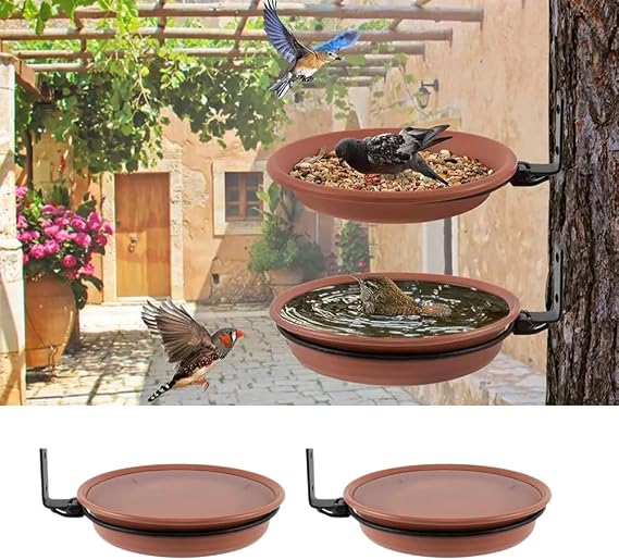 Bird Feeder Tree Mounted Bird Bath Bird Feeding Tray Plastic Bird Seed Tray Water Bath Bowl Bird Baths for Garden Outdoor Wild Bird 2 Pack(2Trays and 2Racks)
