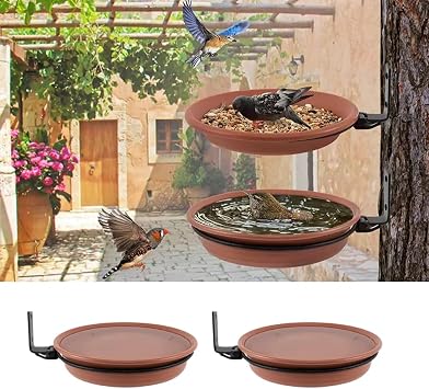 Bird Feeder Tree Mounted Bird Bath Bird Feeding Tray Plastic Bird Seed Tray Water Bath Bowl Bird Baths for Garden Outdoor Wild Bird 2 Pack(2Trays and 2Racks)