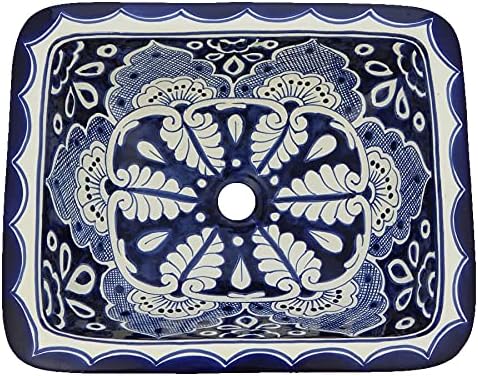 Handmade Bathroom Talavera Rectangle Blue and White Mexican Sink # 31