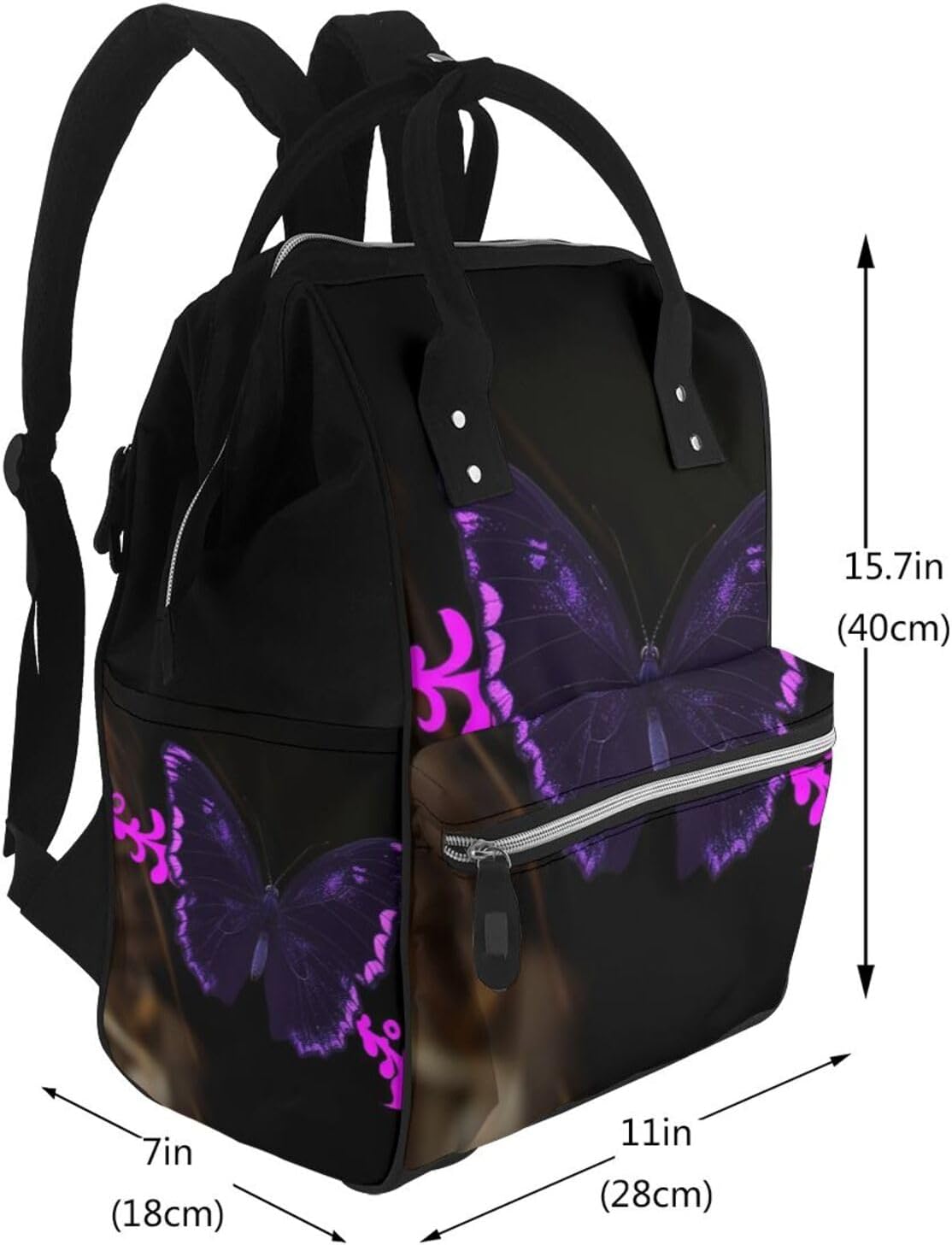 Purple and black butterfly Diaper Bag with Changing Pad, Pacifier Holder - Multifunction Travel Nappy Bags Large Capacity Laptop Backpack Waterproof Mommy Bag Casual Daypack for Mom image 2