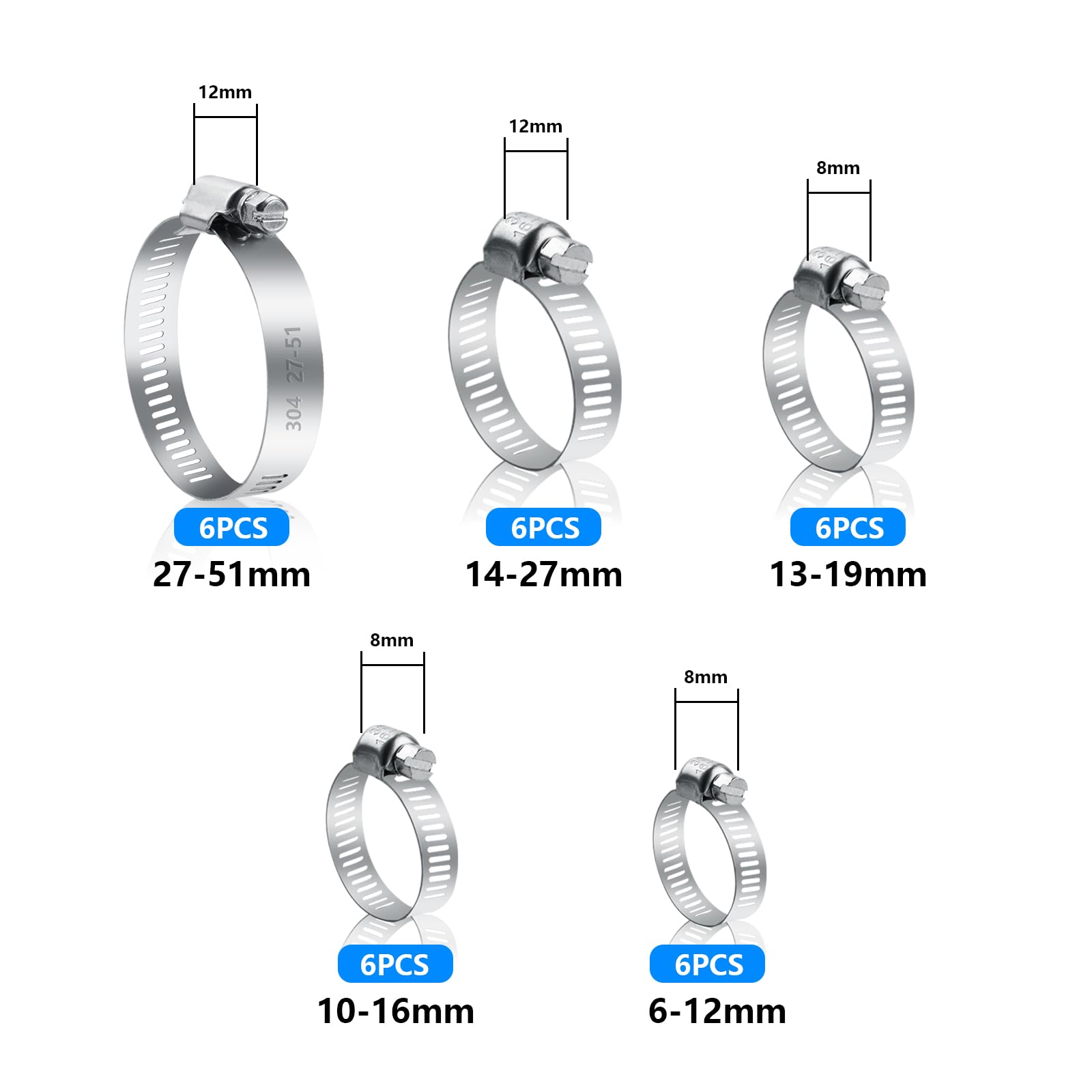 30 Pcs Jubilee Hose Clips Assorted, Adjustable Pipe Clamps, 304 Stainless Steel Worm Drive for Gas Pipe Fuel Line, 6-12mm 10-16mm 13-19mm 14-27mm 27-51mm