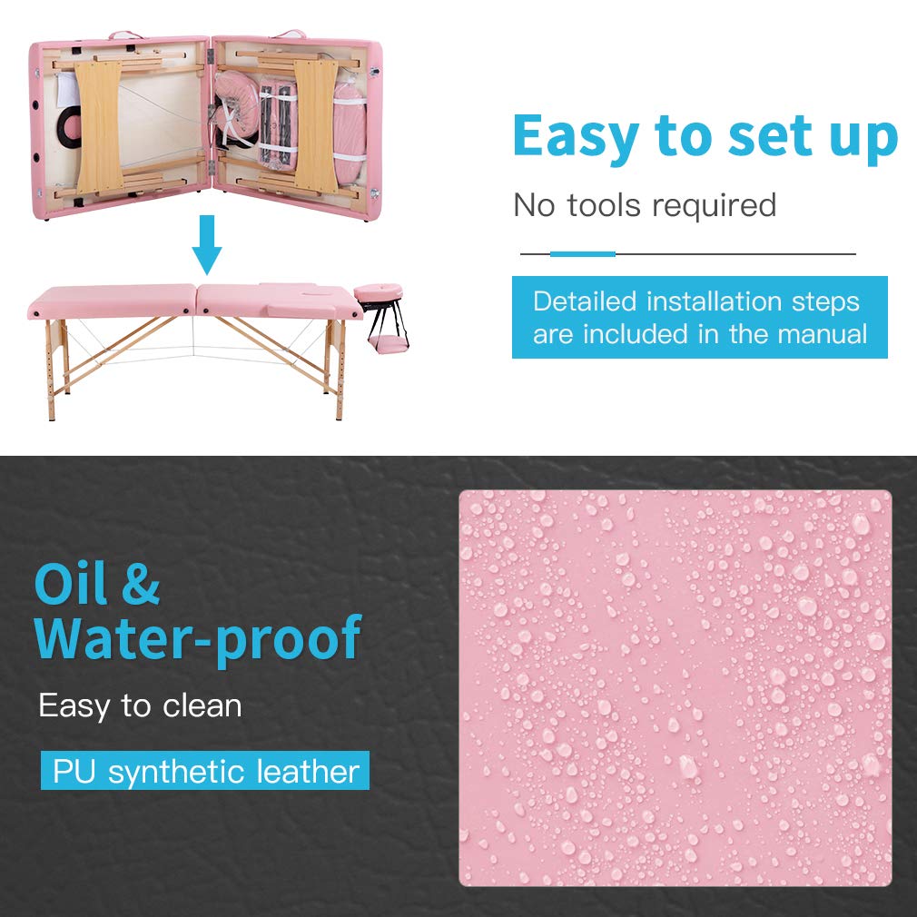 BestMassage Massage Bed Portable Massage Table 24 inch Wide Lash Bed Height Adjustable 2 Folding Spa Table with Non-Woven Bag for Spa Footmassage Facial CareSpa Tattoo: 28 inch wide Pink