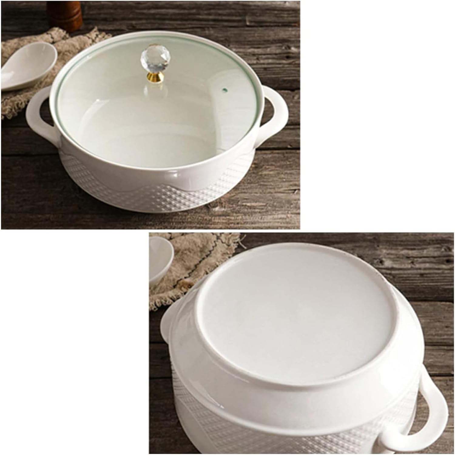 Soup Tureen with Glass Lid and Spoon,Large Capacity Ceramic Serving Soup Bowl,Porcelain Serving Soup Bowls with Lid White Round Bowl
