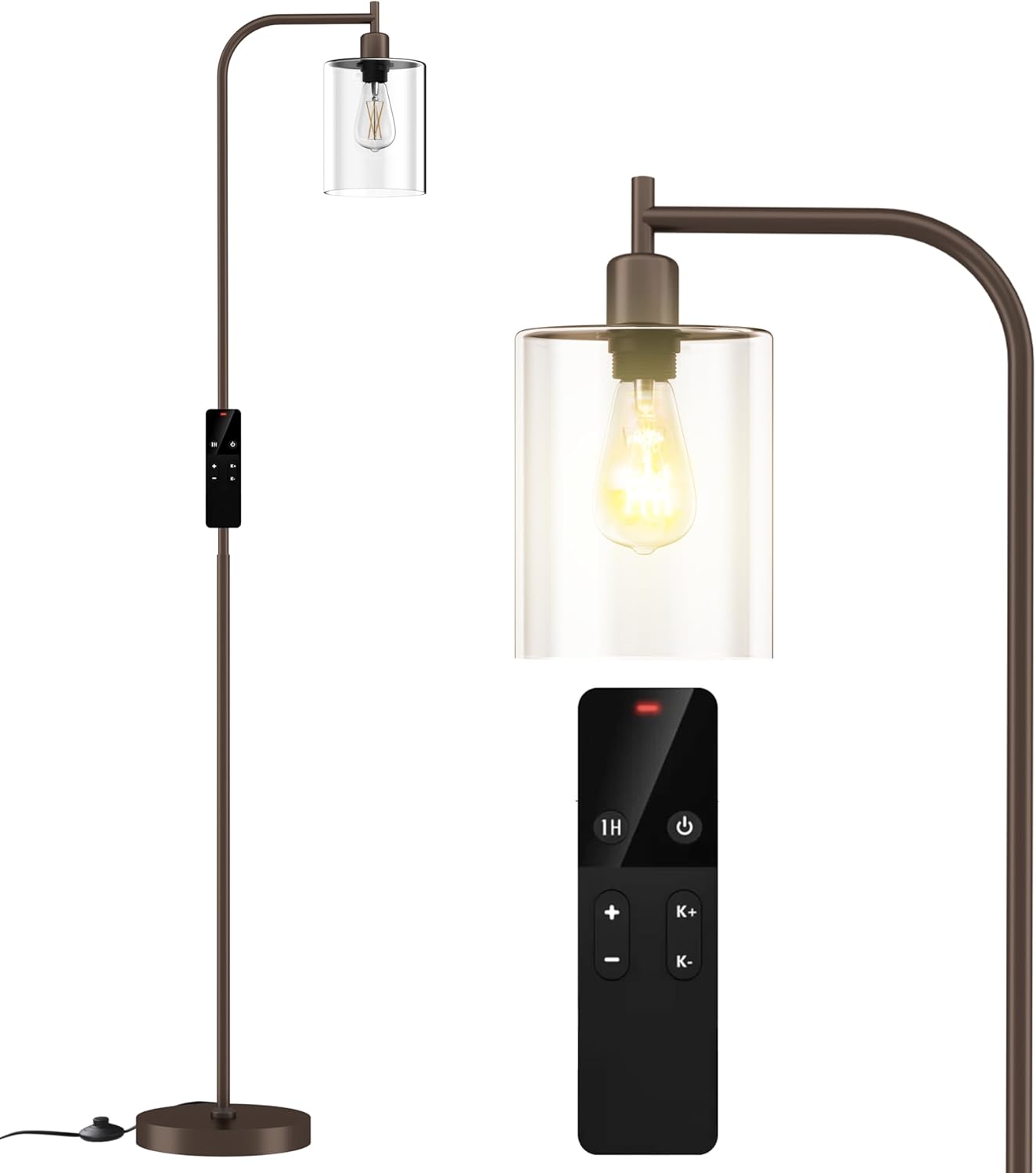 Industrial Floor Lamp with Glass Shade, Modern Dimmable Floor lamp with Remote LED Bulbs, Tall Lamp for Living Room Corner, Bedroom, Office (Bronze)