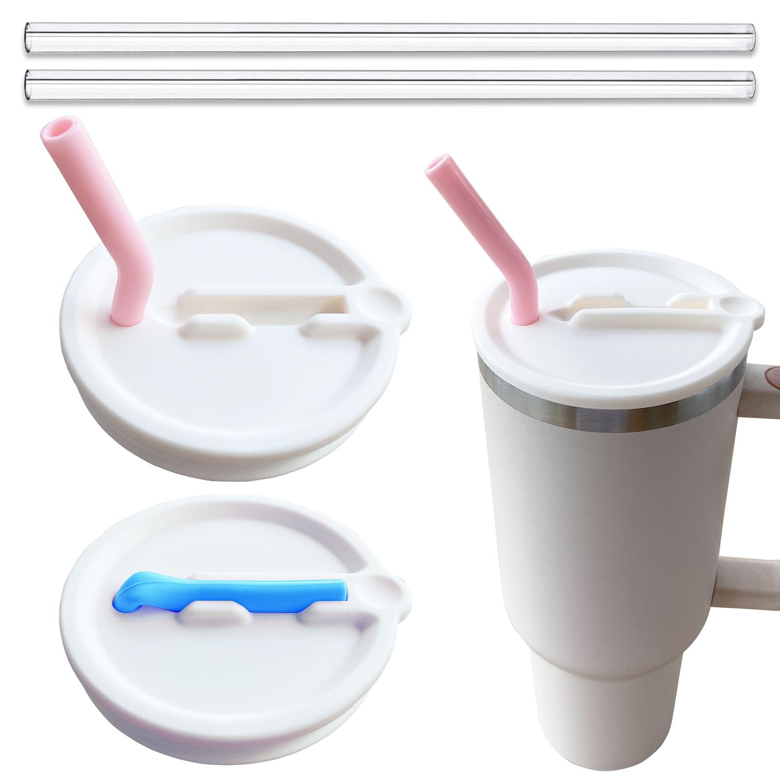 2 Pack Silicone 40 oz Tumbler Flip Straw Lid Replacement Compatible with Stanley Quencher, Replacement Lids for Stanley Tumbler, Spill Proof Splash Resistant Tumbler Lids for Stanley Cup (White)