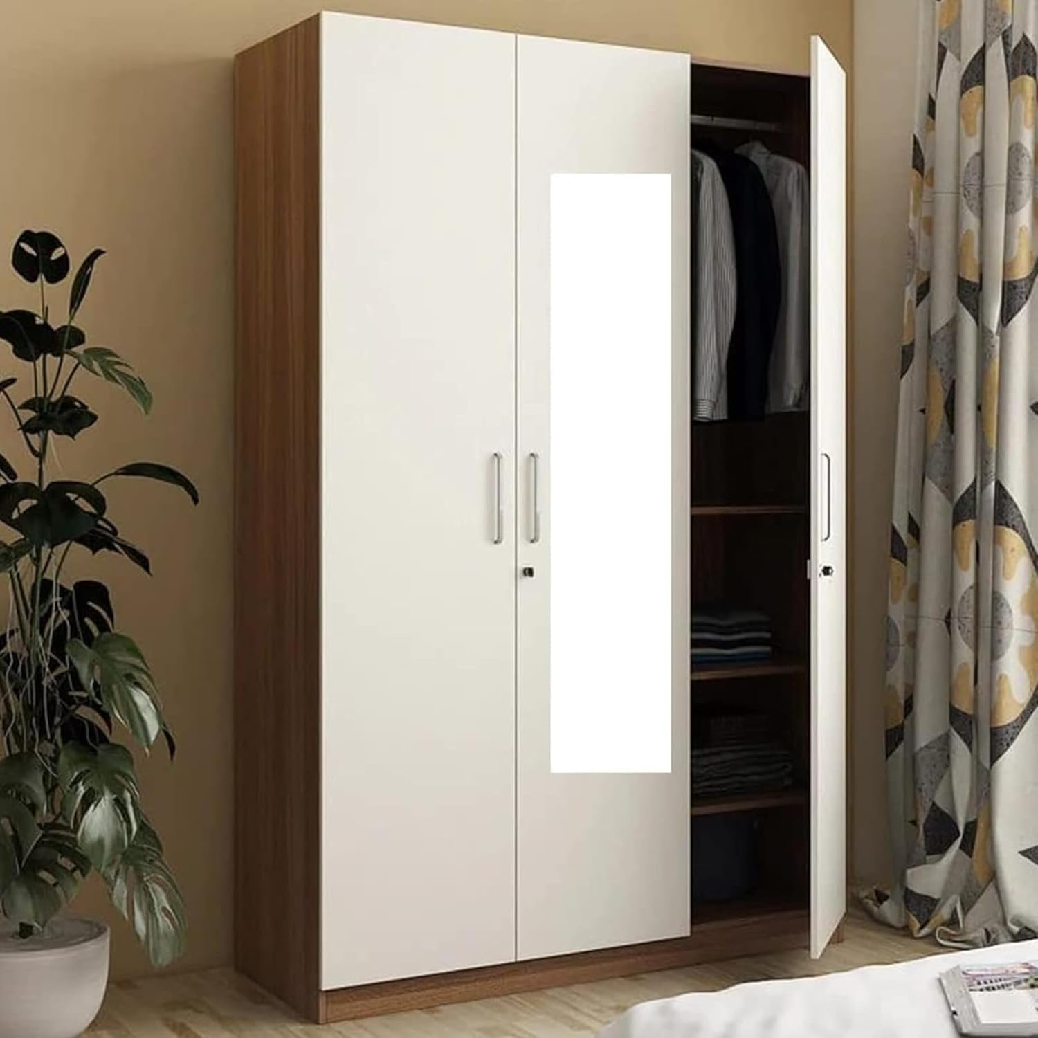 CASPIAN Engineered Wood Triple Door Wooden Wardrobe (White & Brown) | Furniture with Dressing Mirror & Key Locker | Cupboard/Almirah for Bedroom Clothes Storage Organizer with 11 Shelves & Drawer