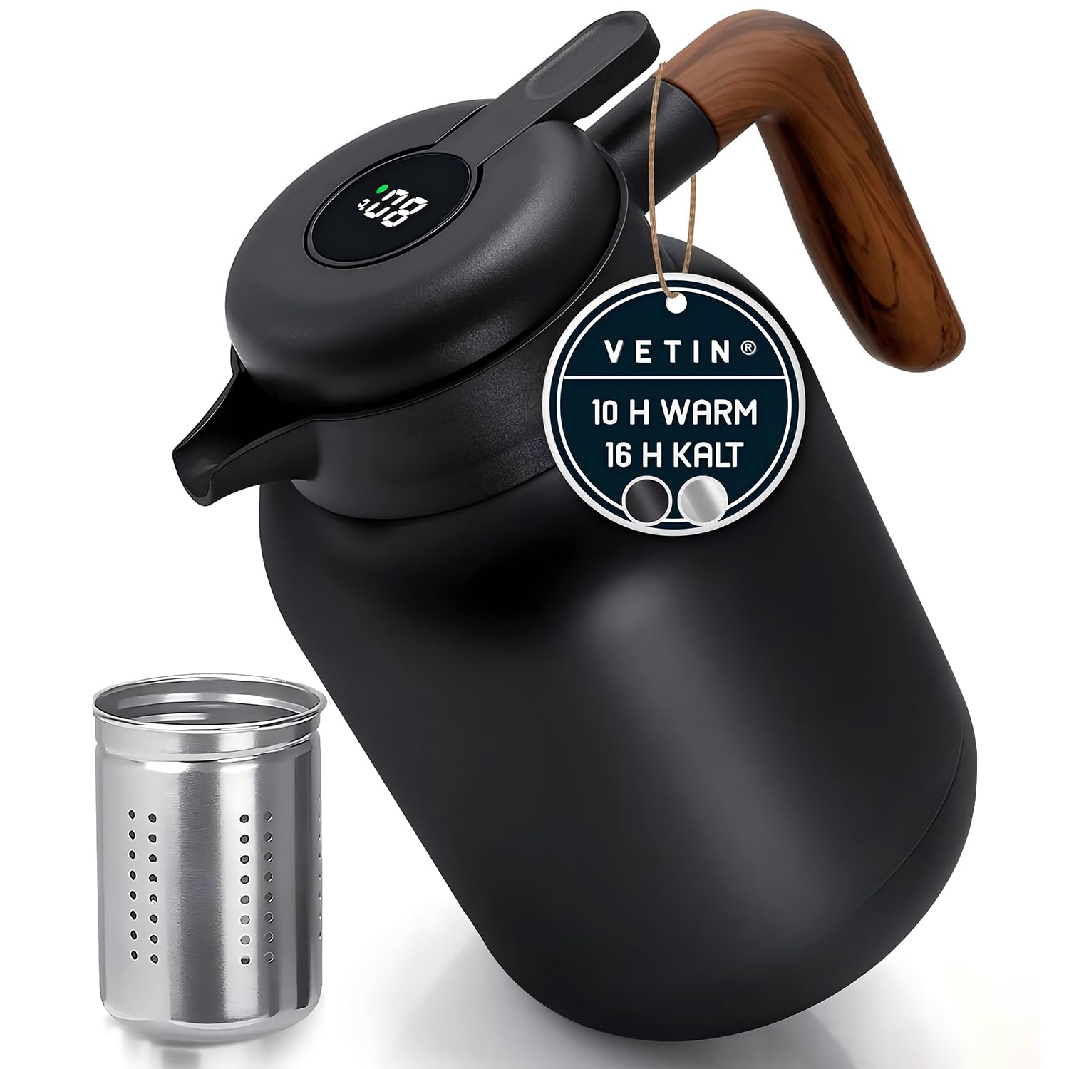VETIN Thermoskanne mit Teesieb 1,5L aus 304 Edelstahl, Kaffeekanne Thermo | Auslaufsicher, 10 h Heiß & 16 h Kalt, für Tee, Kaffee und Kalte Getränke (Kunststoffgriff)
