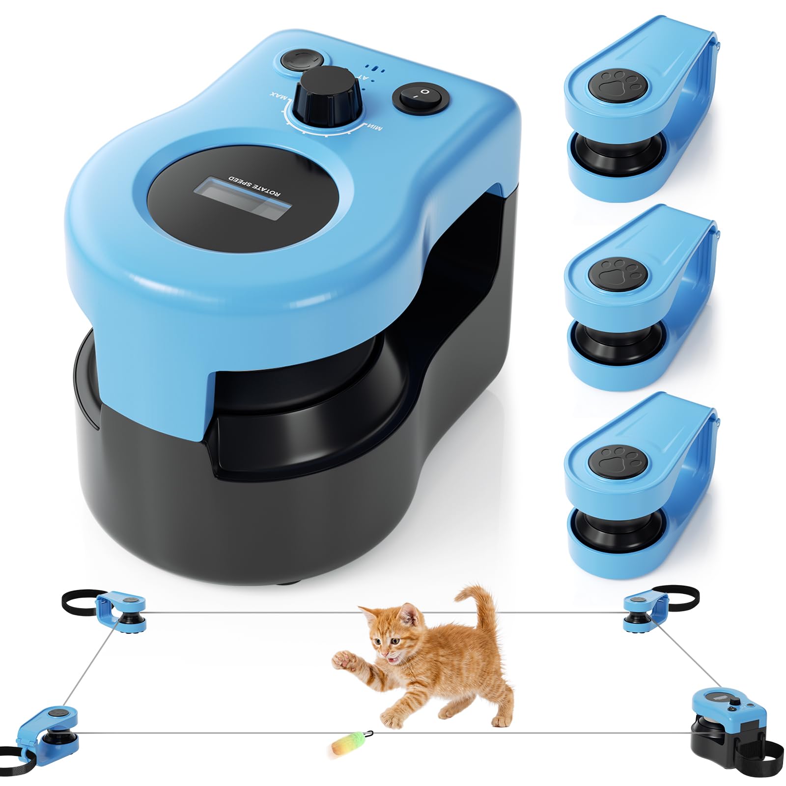 Elektrisches Katzenspielzeug 1-zu-3, interaktives Katzen Spielzeug mit Fernbedienung, USB wiederaufladbar, blau, Jagdspiel mit Mausgeräusch, für Wohnungskatzen, Bewegung und Beschäftigung