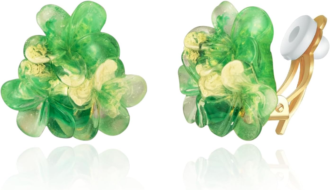Aretes Florales de Resina Clip On para Mujer