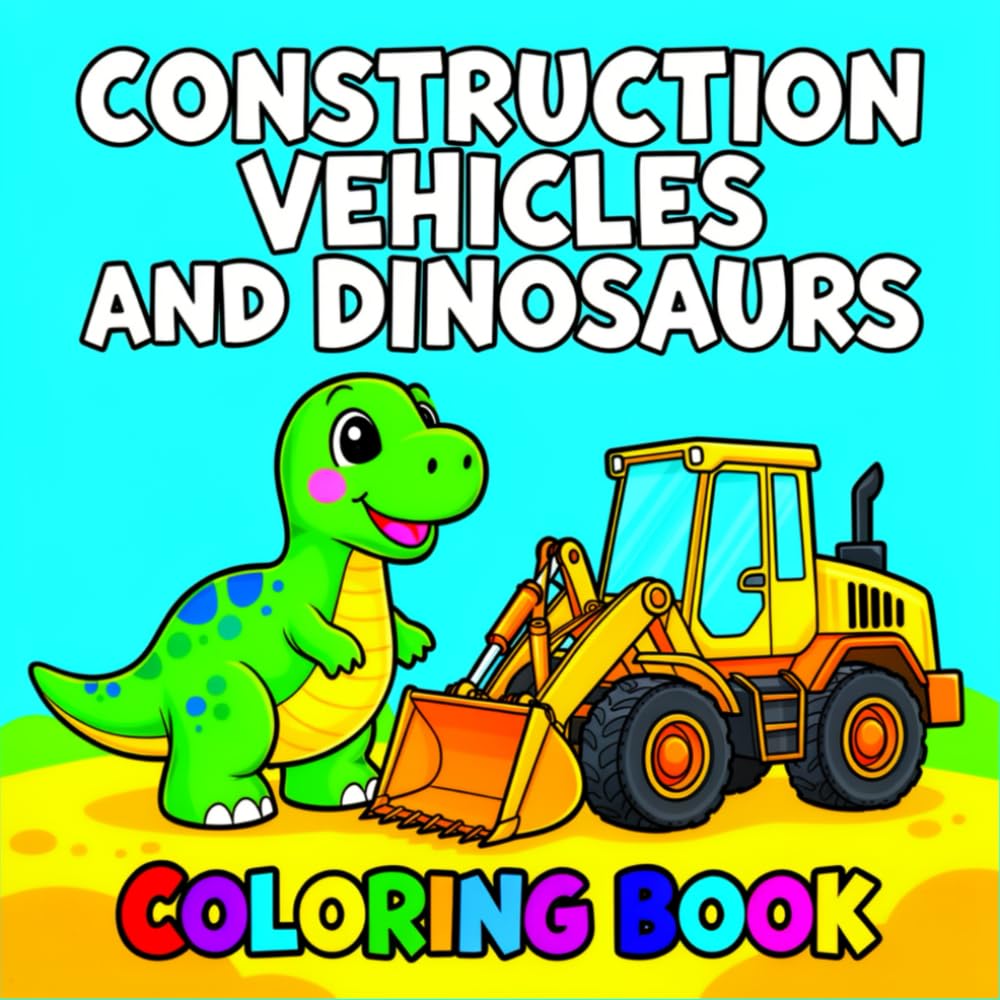 Construction Vehicles and Dinosaurs: Fun Coloring Adventure with Trucks, Cranes & Roaring Dinosaurs | Big Machines & Dinosaurs Coloring Book for Kids