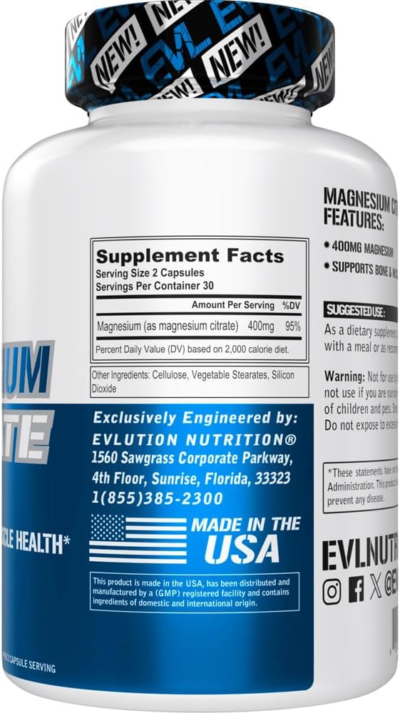 EVL Magnesium Citrate Capsules 400mg - Muscle and Bone Health Supplement with Pure Magnesium Citrate for Muscle Relaxation and Bone Strength - 60 Veggie Capsules for Health (Pack of 2)