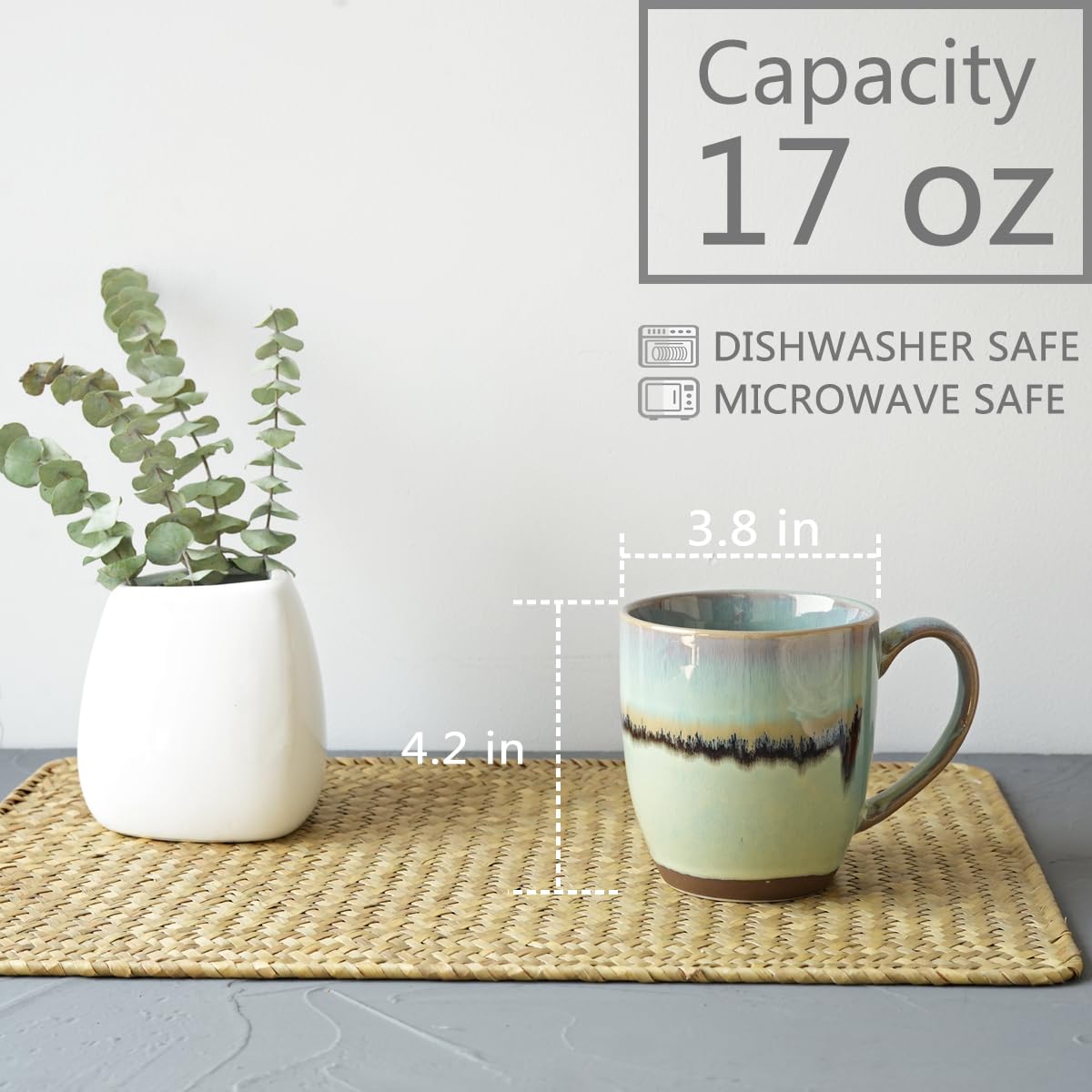 Bosmarlin Juego de 4 tazas de café de cerámica, 17 onzas, 3 colores para elegir, tazas de té, aptas para lavavajillas y microondas, esmalte reactivo (17 onzas, luz verde turquesa)