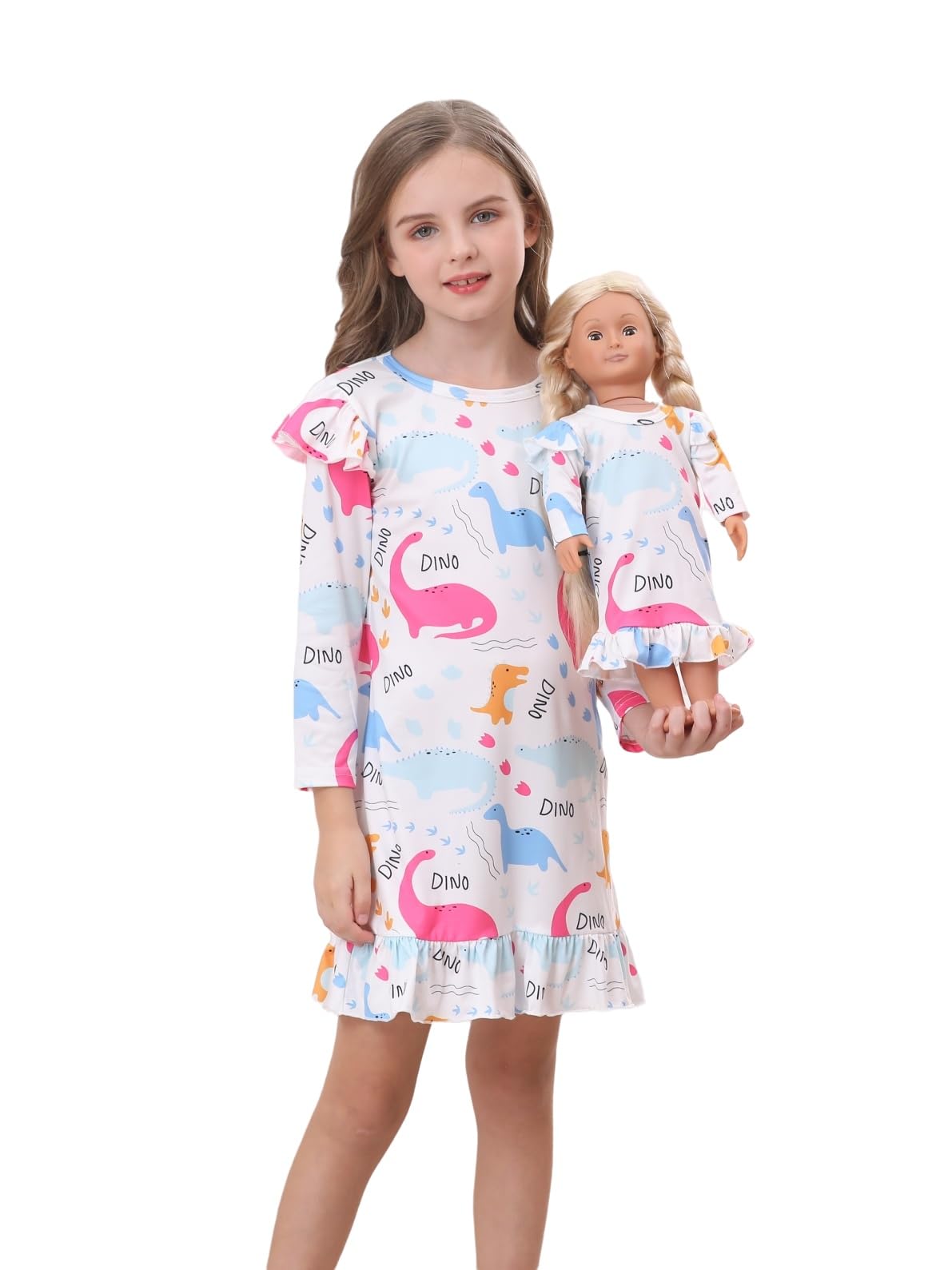 Bow Dream Toddler Girls Casual Dress and Matching American Girl Doll Clothes for Girls White Dinosaur