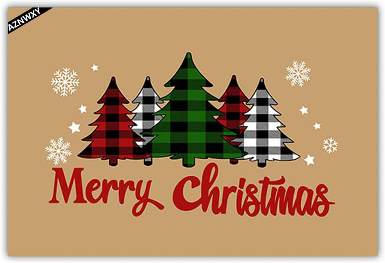 AZNWXY Welcome Doormat - Merry Christmas Doormat, Red and Black Plaid Outdoor Mat Entrance Mat Funny Floor Mats