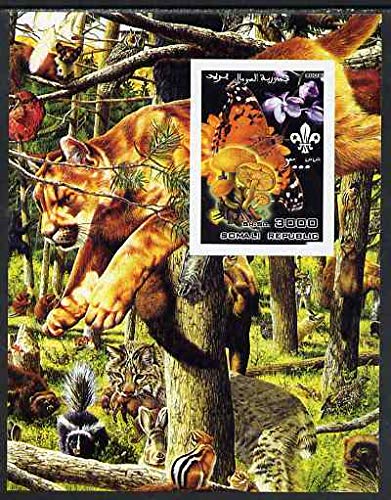Somalia 2002 Butterflies, Orchids & Fungi #3 imperf m/s with Scout Logo & Various Animals in Background, u/m Butterflies Orchids Fungi Scouts Crocodiles Cats JandRStamps