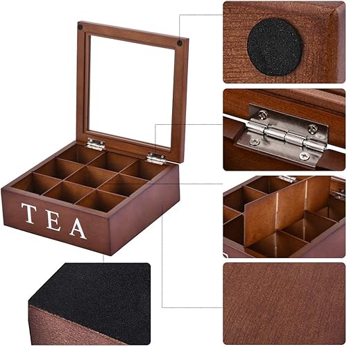 Miniatura 4 de Fonture Caja de almacenamiento de té de madera, bolsa de té con 9 compartimentos, caja de té de madera, tapa de vidrio con bisagras, organizador de