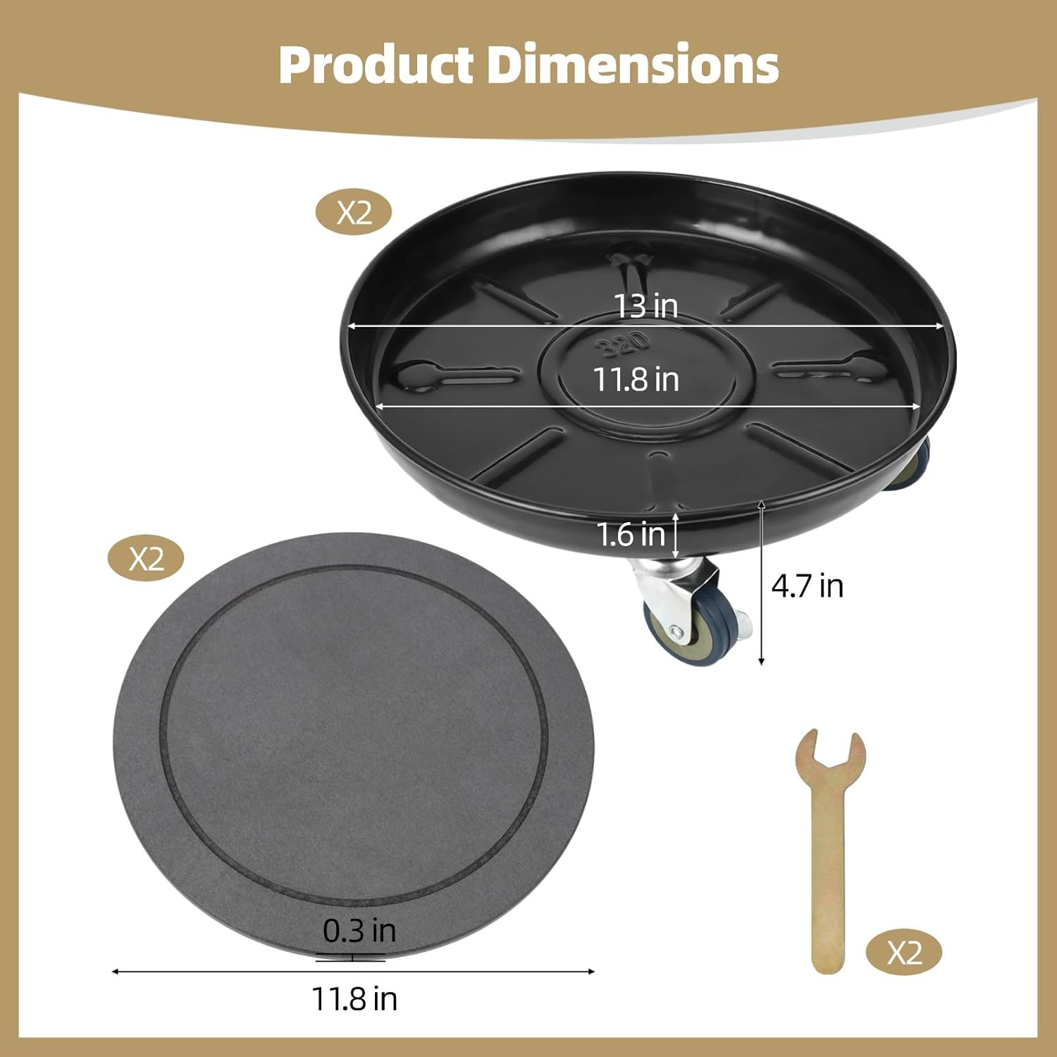 OMISTAR 2 PCS Rolling Plant Caddy with Wheels, 12 in Heavy Duty Plant Tray with Lockable Wheels, Black Metal Plant Caddy with 360° Casters, Planter Holders for Room Balcony Garden
