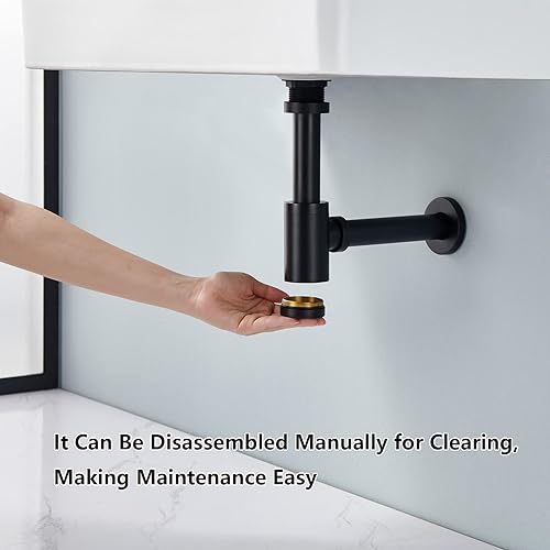Miniatura 2 de Heixutas Fregadero de baño de latón P Trap Trampa para fregadero de 1-14 con altura ajustable - Trampa P de botella redonda negra mate con tubo de