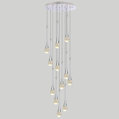 Upfelw Candelabro moderno de cristal para escalera, cromo pulido, 12 luces, H120 pulgadas, gran techo alto, espiral, regulable, LED, gota de lluvia,