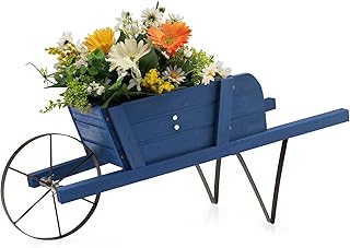 Wooden Wagon Planter, 27.5"x10.5"x11.5" Wheelbarrow Cart Plant Pot with Halloween Decoration & Mental Supports, Single Wheel Movable Garden Flower Cart Planter for Yard, Backyard (Blue)