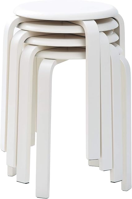 IBUYKE Set of 4 Wood Round Stool, Bar Stools Solid Anti-Slip Bent Wood Stacking Chair Stackable Stools Kitchen Office Party Chair White RF-717-4