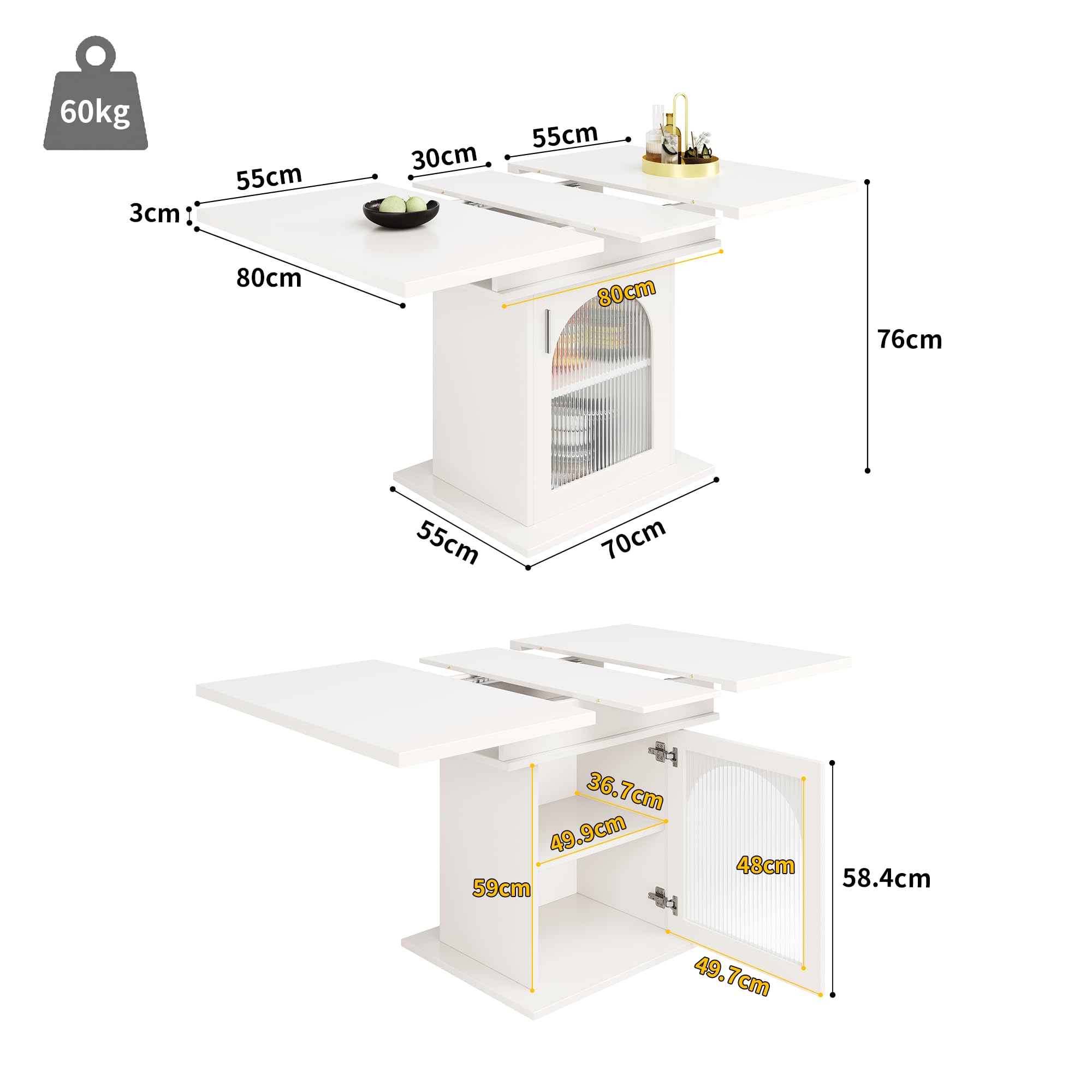 Tavolo da pranzo allungabile, 110/140 cm, 3 ripiani, ante in vetro, bianco, salvaspazio, cucina, soggiorno, moderno