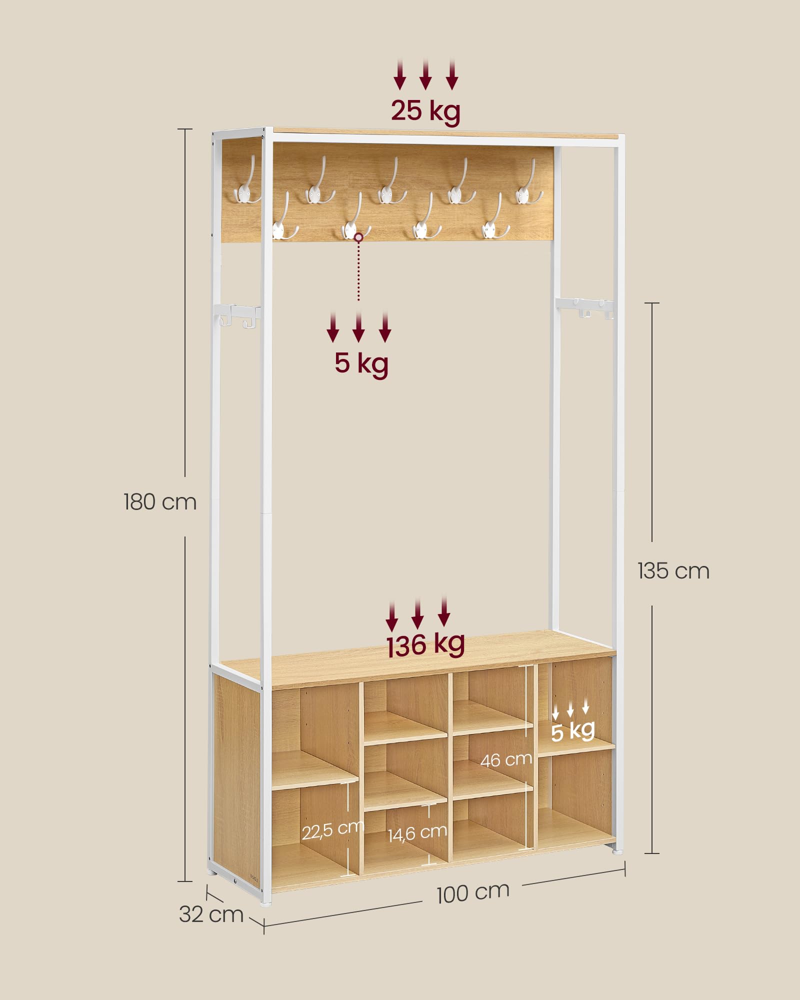 VASAGLE Kleiderständer, Garderobe, Eingangsmöbel mit Schuhregal, offene Fächer, Kleiderhaken, verstellbare Ablagen, modern, für Flur, Eingangsbereich, eichenfarben-weiß HSR432YA01