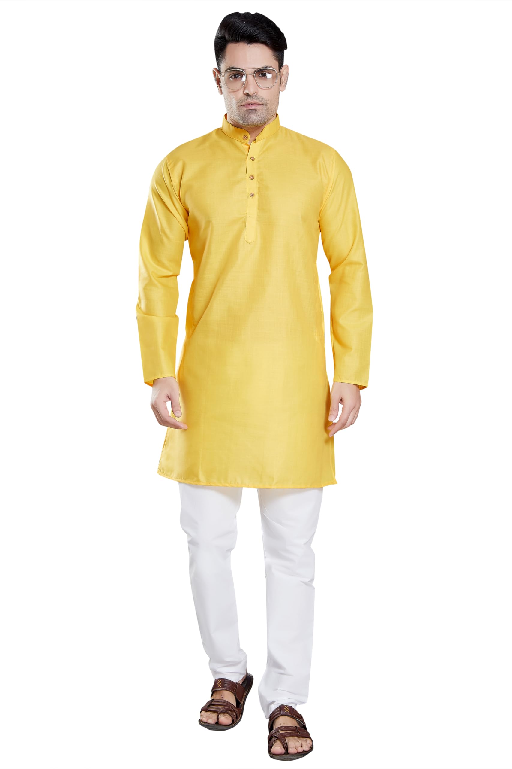 Divisive Men's Plain Cotton Blend Linen Slim Fit Kurta Pyjama Set (Dkrt72_Xxl_Yellow)