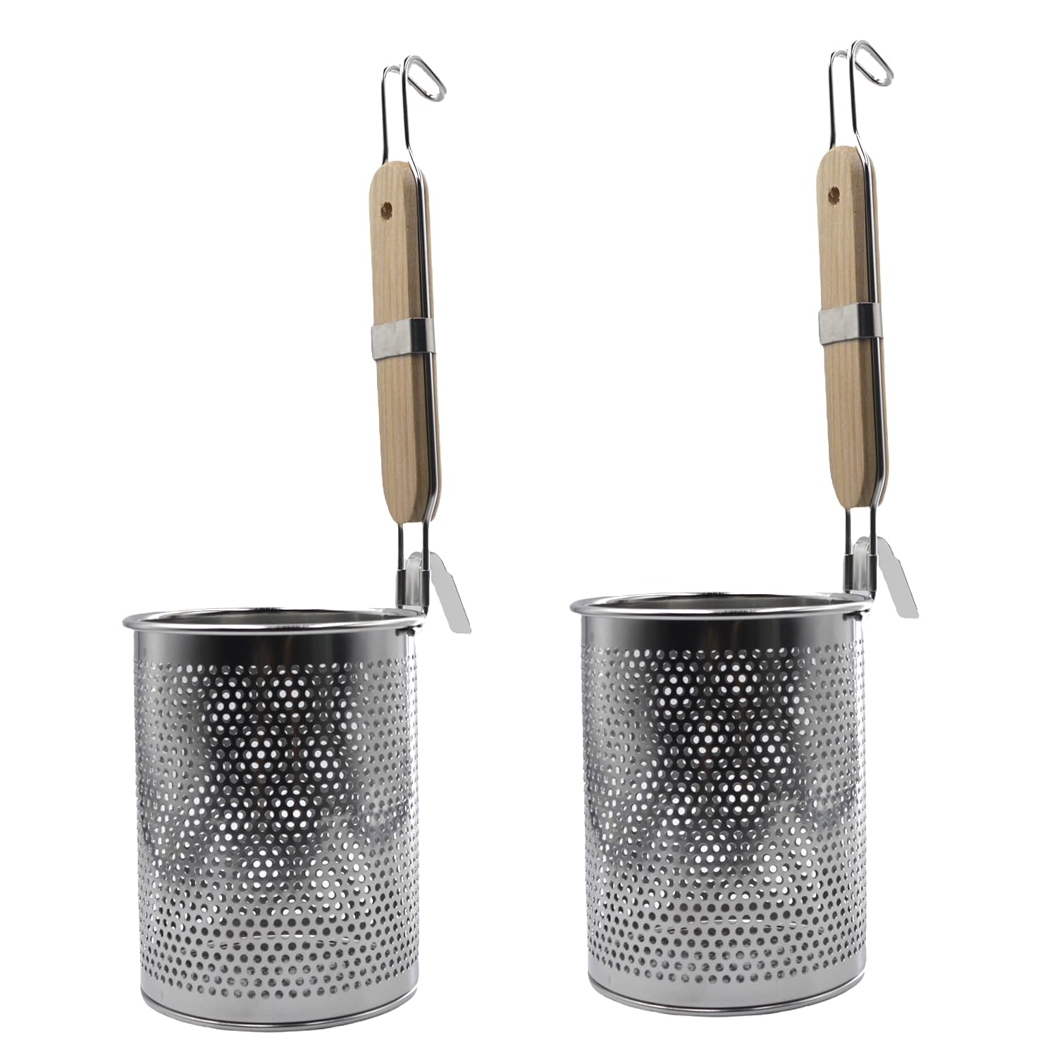 Colador de pasta de acero inoxidable, 2 piezas, cesta microperforada con mango de madera - Colado rápido, colgado en olla, para espaguetis, verduras, albóndigas y vapor