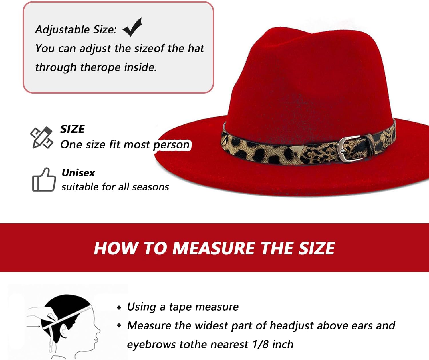 Womens Felt Fedora Hat Classic Wide Brim Panama Hat with Leopard Belt Buckle (Red) - Image 3