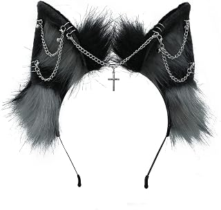 VIGVAN Handmade Wolf Fox Ears Animal Cosplay Cute Head Accessories for Halloween (Chain Grey Black)