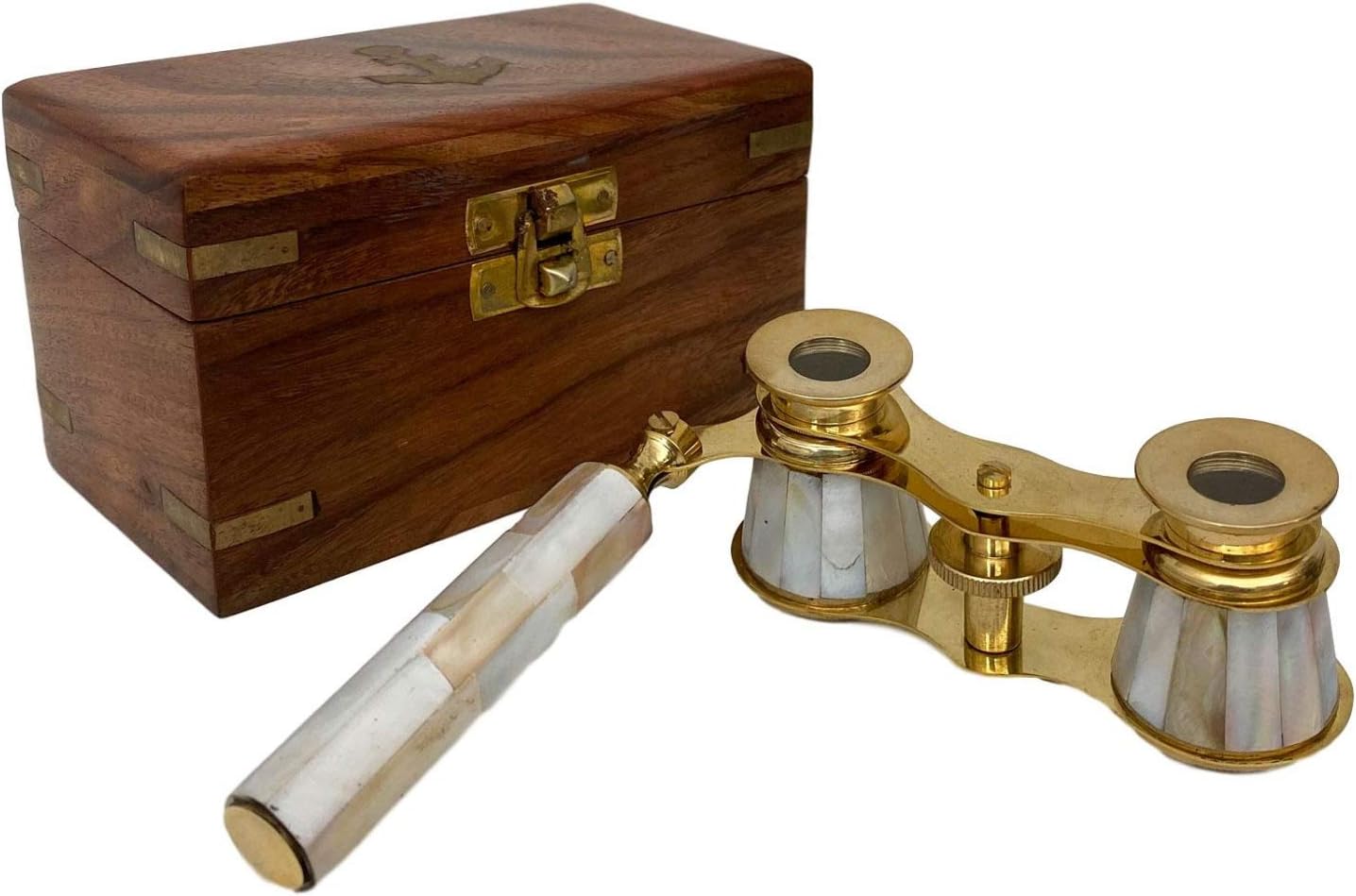 Opera glass with wooden box binoculars theater glass brass antique style (a)